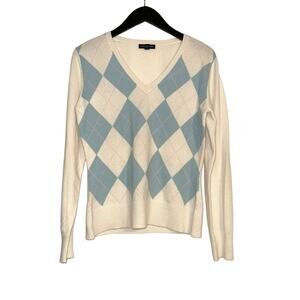 Lands End Cashmere Argyle V-Neck Cream Blue Sweater SMALL